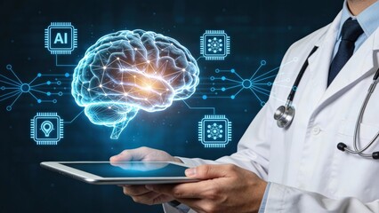 Digital brain with AI elements in a medical context.