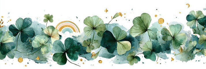 Watercolor clover border with green shamrocks and golden accents