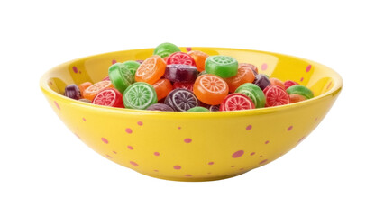 Isolated bowl of assorted fruit hard candies, cheerful yellow serving bowl with pink polka dots