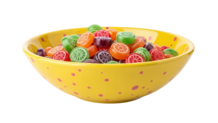 Isolated bowl of assorted fruit hard candies, cheerful yellow serving bowl with pink polka dots