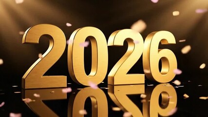 Golden three dimensional numbers representing the year 2026 illuminated by dramatic spotlights with falling confetti creating a festive mood