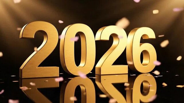 Golden three dimensional numbers representing the year 2026 illuminated by dramatic spotlights with falling confetti creating a festive mood