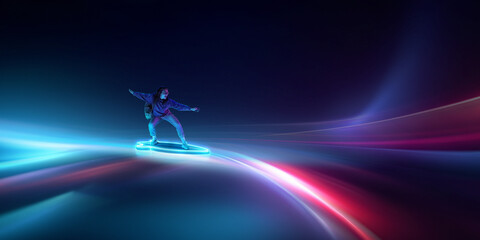 Mixed media businesswoman balancing on glowing data trail. Concept of strategic decision making,...