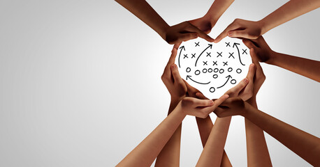 diverse hands forming a heart shape around a strategic game plan diagram symbolizing unity teamwork shared goals and collective success as a connected community.