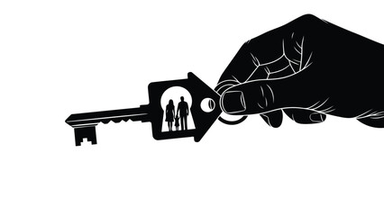 Vector illustration of hand holding a houseshaped key with a silhouette of a couple inside, symbolizing home ownership or real estate