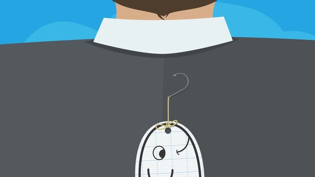Animation of a paper fish prank on a businessman's back. The fish is attached to the jacket.