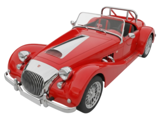 Isolated red Morgan roadster car, a classic vintage cabriolet for a drive on a summer day
