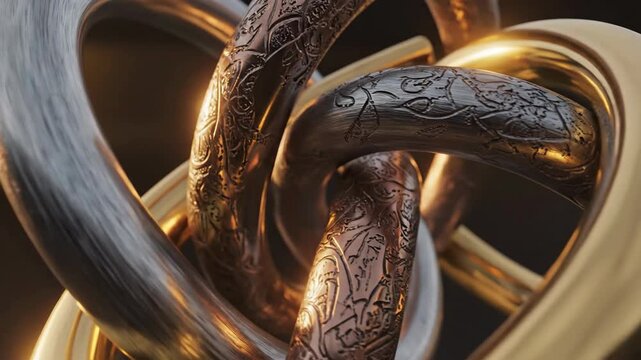 Interlocked golden, silver, and etched metal rings, warmly lit on a dark background, creating abstract patterns