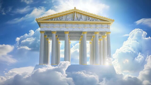 A grand temple stands high above the clouds with bright skies and sun rays highlighting its architectural beauty