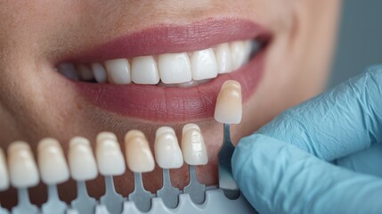 Smiling woman with perfect teeth comparing dental shade guide for cosmetic dentistry options