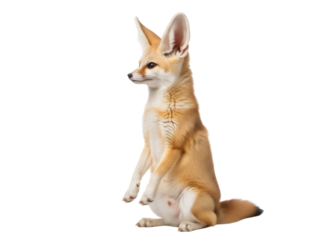 Isolated portrait of a young fennec fox standing up on its hind legs facing left