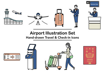空港での旅行とチェックインの流れを分かりやすく表現したイラストセット｜飛行機やスーツケースやパスポートや案内スタッフなど空港利用に必要な要素を描いた旅行イメージ