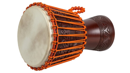 Isolated Djembe drum with orange rope and wood carvings is ready for making music © Radovan