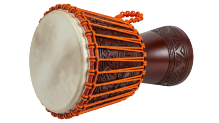 Isolated Djembe drum with orange rope and wood carvings is ready for making music