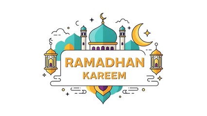 Fototapeta premium Celebrating Ramadhan Kareem with Mosque and Crescent Moon Illustration