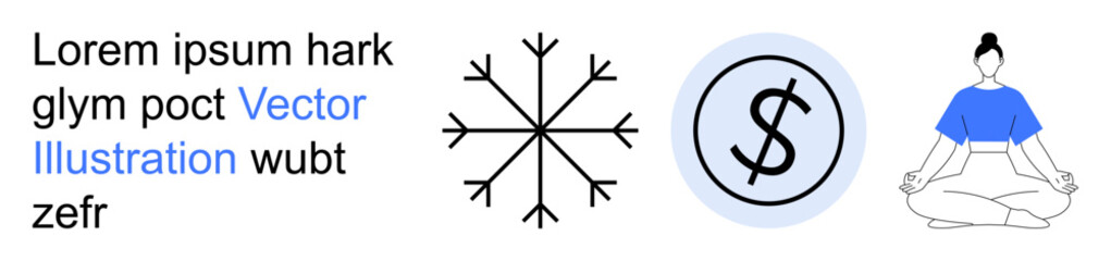 Wellness, finance, mindfulness, weather, simplicity, modern icons. Illustration features a snowflake, a dollar sign in a circle and a person in a meditative pose. Wellness and finance concepts