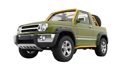 Isolated off-road vehicle, green SUV with yellow roll bar, suitable for exploration and adventure © Radovan