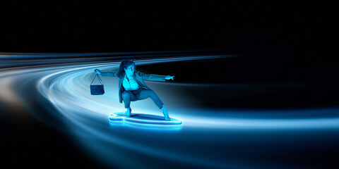 Abstract composition businessman surfing dual color data streams. Concept of market dynamics, data driven decisions, financial growth and technology acceleration.