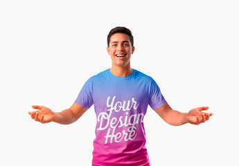 Smiling Man Presenting Roundneck T Shirt Apparel Mockup