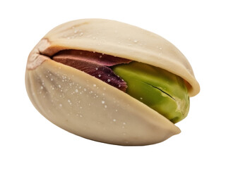 Isolated single pistachio nut in shell showing the inside, ready to eat and open close up
