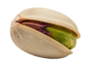 Isolated single pistachio nut in shell showing the inside, ready to eat and open close up