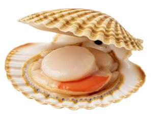 Isolated scallop in shell, seafood delicacy, culinary ingredient, ready for cooking, fresh, raw