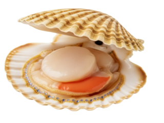 Isolated scallop in shell, seafood delicacy, culinary ingredient, ready for cooking, fresh, raw