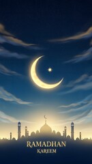 Crescent Moon Shining Brightly Over Mosque Silhouette at Dusk During Ramadhan