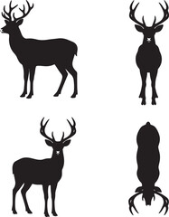 Set of black silhouette depicting a stag or deer from multiple viewpoints including side front and overhead perspectives with large antlers also transparent background