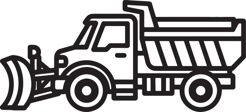 Black and white of a snow plow truck with a large blade attached to the front and a dump bed in the back ready for winter road maintenance and clearing operations also transparent background