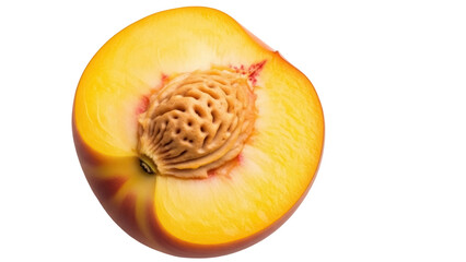 Isolated half peach fruit close-up, showing the pit, the healthy flesh, studio photography