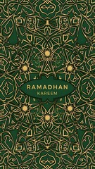 Ramadhan Kareem celebration with intricate Islamic patterns and golden accents on a green background