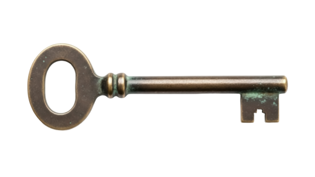 Isolated old bronze skeleton key, antique unlocking tool, vintage and rusty, retro look - Powered by Adobe