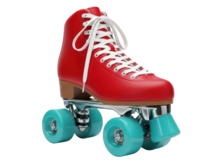 Isolated red retro quad roller skate with laces, a vintage-style sporting equipment item