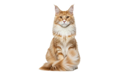 Isolated red tabby Maine Coon cat sitting up straight against a neutral backdrop studio shot
