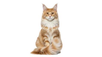 Isolated red tabby Maine Coon cat sitting up straight against a neutral backdrop studio shot
