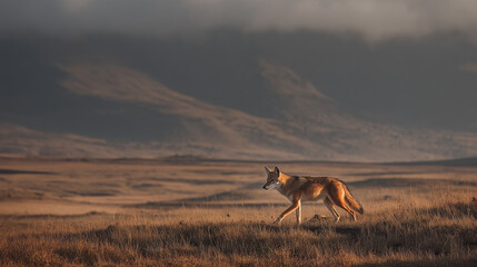 Fototapeta premium Ethiopian wolf walking through highland grassland.