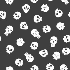 Funny skull pattern background. Vector cute Halloween black print with funny white skulls. Hand drawn texture for Day of Dead decor, Halloween wrapping paper, backdrop, cover, textile, fabric design.