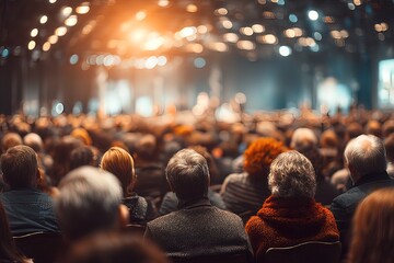 Rear view of Audience in the conference hall or seminar meeting which have Speakers are Brainstorming and talking on the stage, business and education about investment concept. High quality