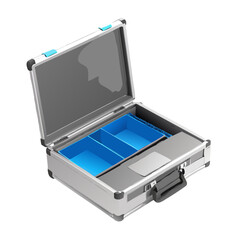 An open black metal notebook computer featuring a blank blue screen rests inside a professional business briefcase for mobile office technology