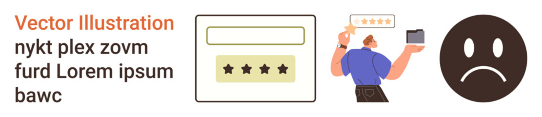 Fototapeta premium Online feedback, user interface, customer opinions, digital ratings, satisfaction measurement, e-commerce analysis. Star rating box, user reviewing on a device dissatisfied face icon. Online