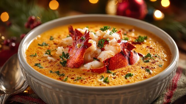 Lobster bisque soup with crab meat for christmas dinner