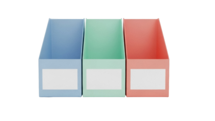 Isolated colorful file boxes, organization storage for office or school documents in archive