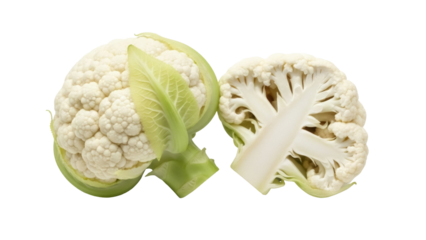 Isolated Cauliflower heads, one whole, one halved, a nutritious vegetable on its own or in meals