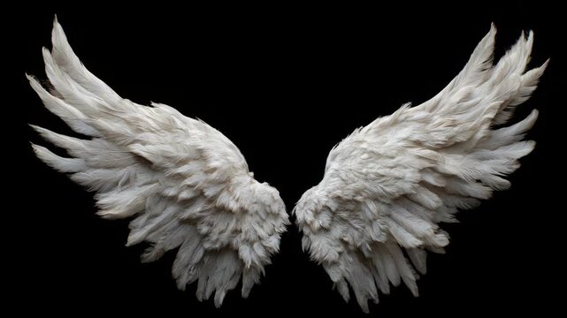 Large white angel wings fully spread, realistic feather texture, isolated on black background, symbolizing purity, divinity, freedom