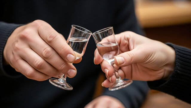 Clinking shot glasses of Romanian țuică or pălincă during a traditional celebration.

