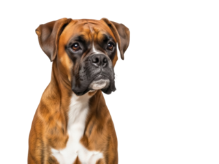 Isolated portrait of a brindle Boxer dog with a concerned expression against a clean backdrop