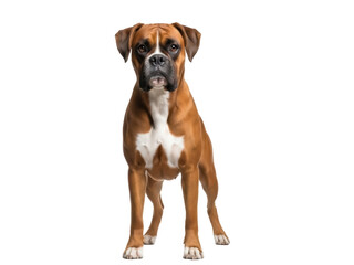 Isolated Boxer dog standing, alert expression, compact muscular breed, medium-sized dog