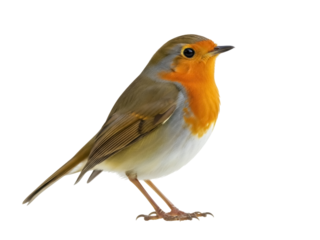 Isolated Eurasian Robin bird, with an orange throat, brown wings, single wildlife animal