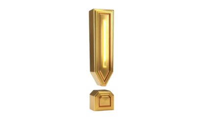 Isolated golden exclamation mark symbol, three-dimensional render with warm ambient lighting